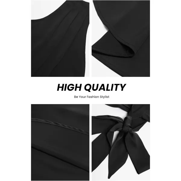 imagePRETTYGARDEN Womens 2023 Summer Ruched Bodycon Dress Sleeveless One Shoulder Wrap Satin Belted Cocktail Midi DressBlack