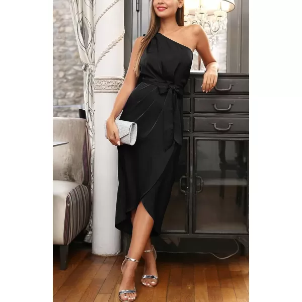 imagePRETTYGARDEN Womens 2023 Summer Ruched Bodycon Dress Sleeveless One Shoulder Wrap Satin Belted Cocktail Midi DressBlack