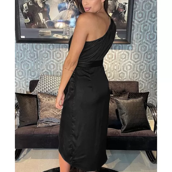 imagePRETTYGARDEN Womens 2023 Summer Ruched Bodycon Dress Sleeveless One Shoulder Wrap Satin Belted Cocktail Midi DressBlack