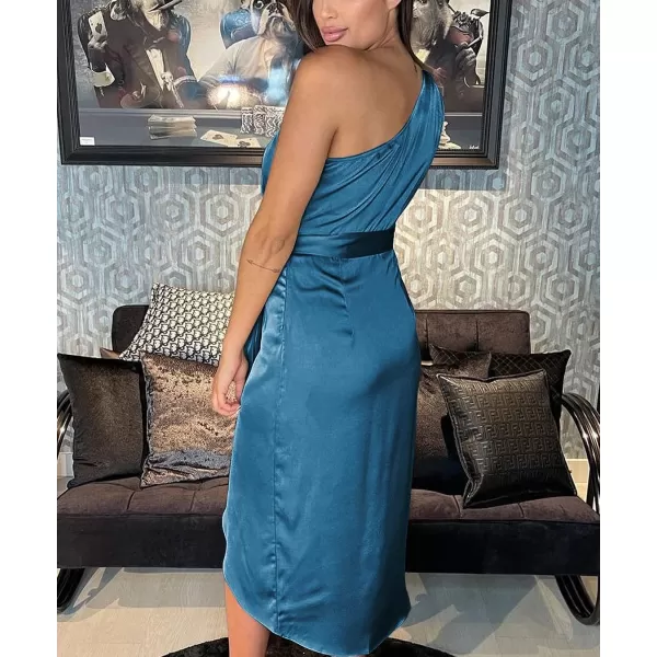 imagePRETTYGARDEN Womens 2023 Summer Ruched Bodycon Dress Sleeveless One Shoulder Wrap Satin Belted Cocktail Midi DressBlue