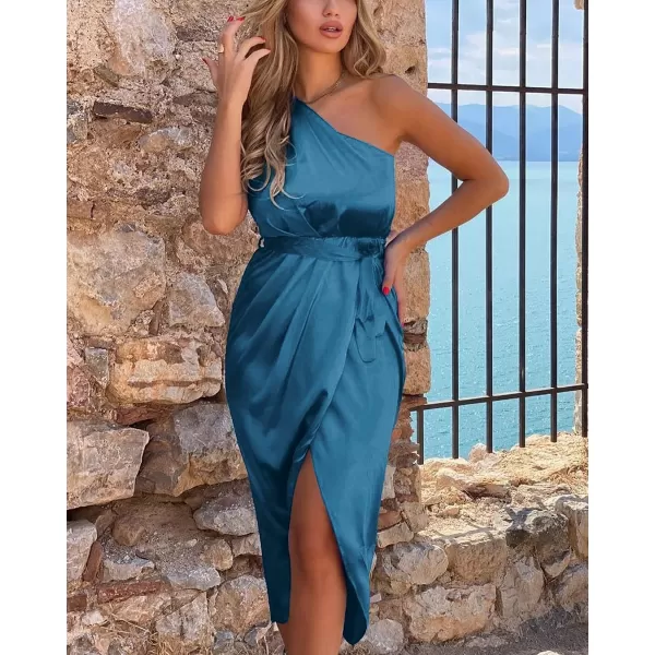 imagePRETTYGARDEN Womens 2023 Summer Ruched Bodycon Dress Sleeveless One Shoulder Wrap Satin Belted Cocktail Midi DressBlue