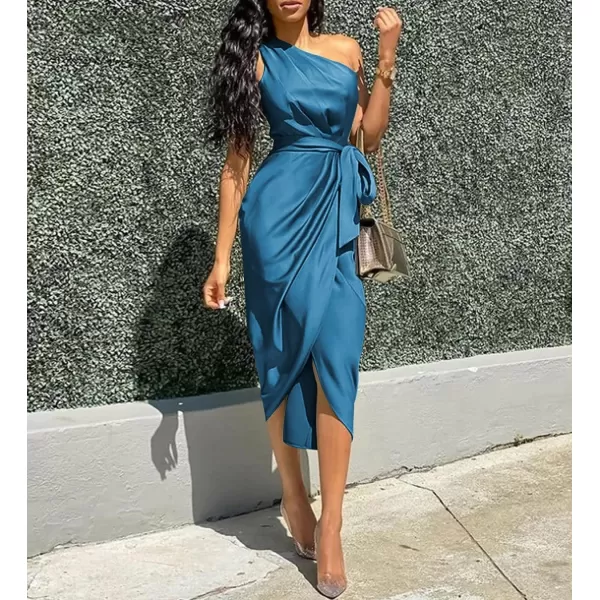 imagePRETTYGARDEN Womens 2023 Summer Ruched Bodycon Dress Sleeveless One Shoulder Wrap Satin Belted Cocktail Midi DressBlue