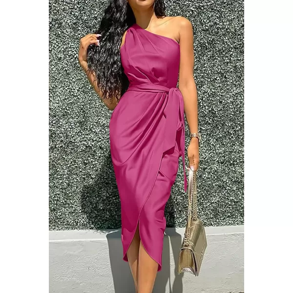 imagePRETTYGARDEN Womens 2023 Summer Ruched Bodycon Dress Sleeveless One Shoulder Wrap Satin Belted Cocktail Midi DressBright Rose Red