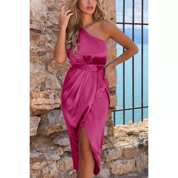 imagePRETTYGARDEN Womens 2023 Summer Ruched Bodycon Dress Sleeveless One Shoulder Wrap Satin Belted Cocktail Midi DressBright Rose Red