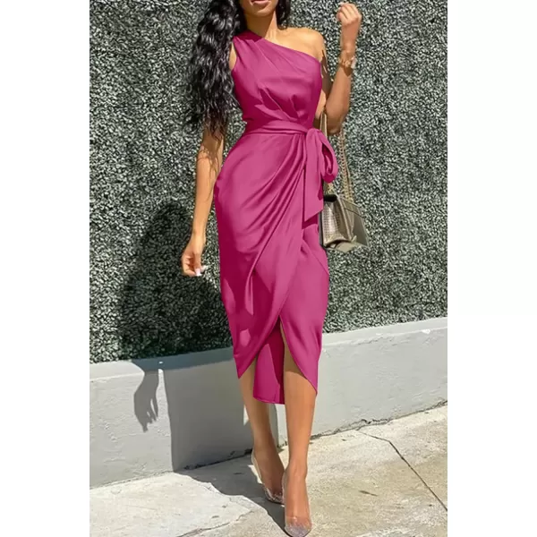 imagePRETTYGARDEN Womens 2023 Summer Ruched Bodycon Dress Sleeveless One Shoulder Wrap Satin Belted Cocktail Midi DressBright Rose Red