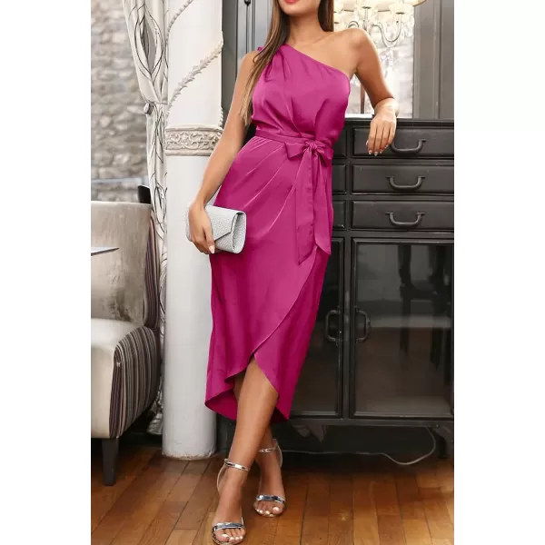 imagePRETTYGARDEN Womens 2023 Summer Ruched Bodycon Dress Sleeveless One Shoulder Wrap Satin Belted Cocktail Midi DressBright Rose Red