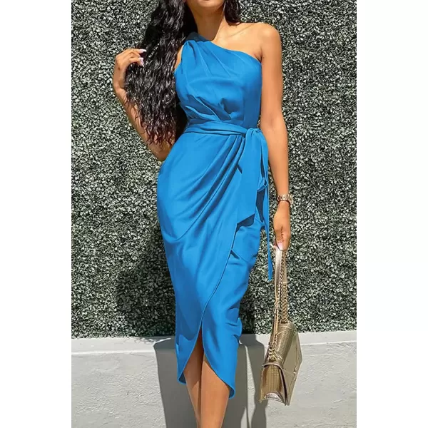 imagePRETTYGARDEN Womens 2023 Summer Ruched Bodycon Dress Sleeveless One Shoulder Wrap Satin Belted Cocktail Midi DressBrilliant Blue