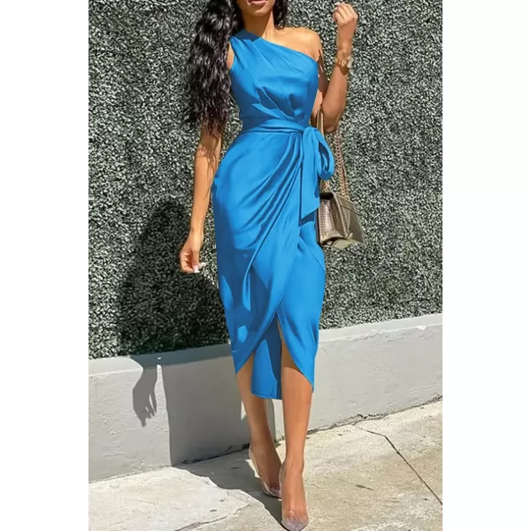 imagePRETTYGARDEN Womens 2023 Summer Ruched Bodycon Dress Sleeveless One Shoulder Wrap Satin Belted Cocktail Midi DressBrilliant Blue