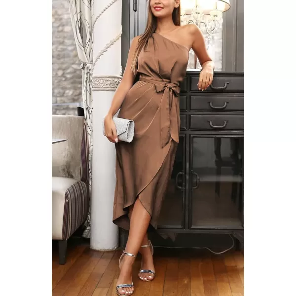 imagePRETTYGARDEN Womens 2023 Summer Ruched Bodycon Dress Sleeveless One Shoulder Wrap Satin Belted Cocktail Midi DressBrown