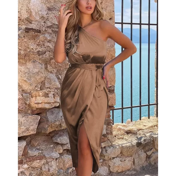 imagePRETTYGARDEN Womens 2023 Summer Ruched Bodycon Dress Sleeveless One Shoulder Wrap Satin Belted Cocktail Midi DressBrown