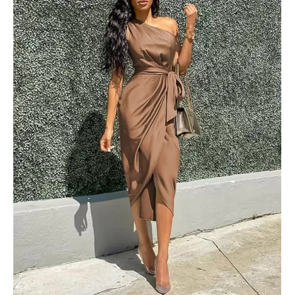 imagePRETTYGARDEN Womens 2023 Summer Ruched Bodycon Dress Sleeveless One Shoulder Wrap Satin Belted Cocktail Midi DressBrown