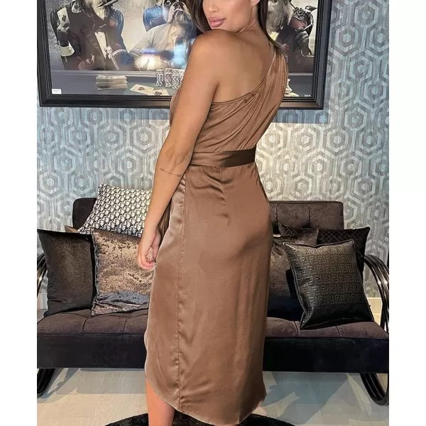 imagePRETTYGARDEN Womens 2023 Summer Ruched Bodycon Dress Sleeveless One Shoulder Wrap Satin Belted Cocktail Midi DressBrown