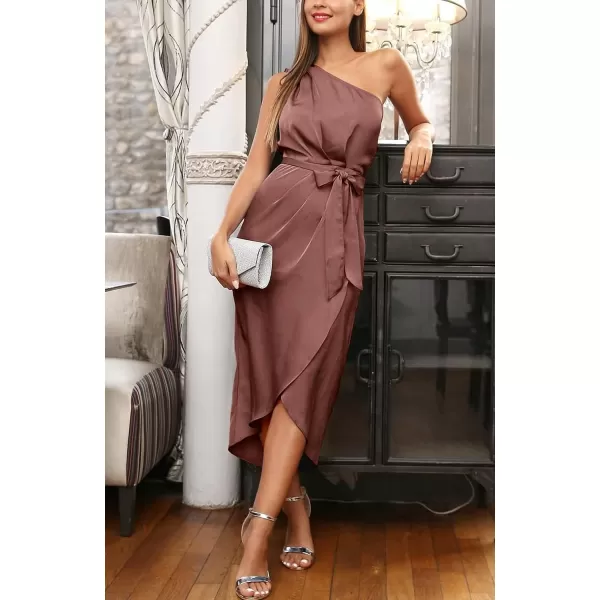 imagePRETTYGARDEN Womens 2023 Summer Ruched Bodycon Dress Sleeveless One Shoulder Wrap Satin Belted Cocktail Midi DressBrown Red