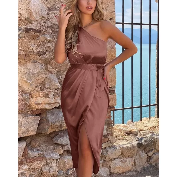 imagePRETTYGARDEN Womens 2023 Summer Ruched Bodycon Dress Sleeveless One Shoulder Wrap Satin Belted Cocktail Midi DressBrown Red