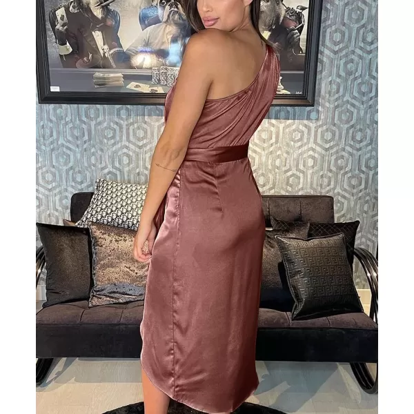 imagePRETTYGARDEN Womens 2023 Summer Ruched Bodycon Dress Sleeveless One Shoulder Wrap Satin Belted Cocktail Midi DressBrown Red