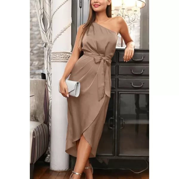 imagePRETTYGARDEN Womens 2023 Summer Ruched Bodycon Dress Sleeveless One Shoulder Wrap Satin Belted Cocktail Midi DressCamel
