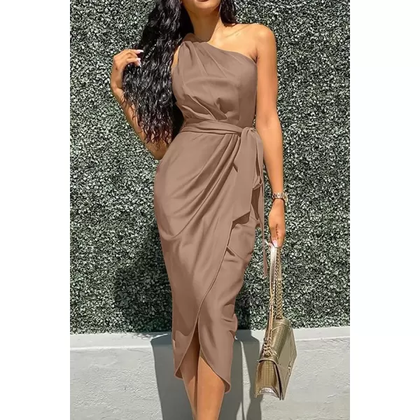 imagePRETTYGARDEN Womens 2023 Summer Ruched Bodycon Dress Sleeveless One Shoulder Wrap Satin Belted Cocktail Midi DressCamel