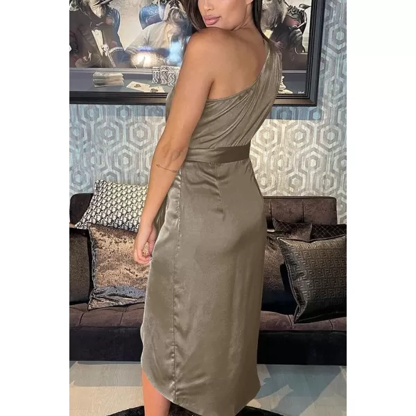 imagePRETTYGARDEN Womens 2023 Summer Ruched Bodycon Dress Sleeveless One Shoulder Wrap Satin Belted Cocktail Midi DressDark Apricot