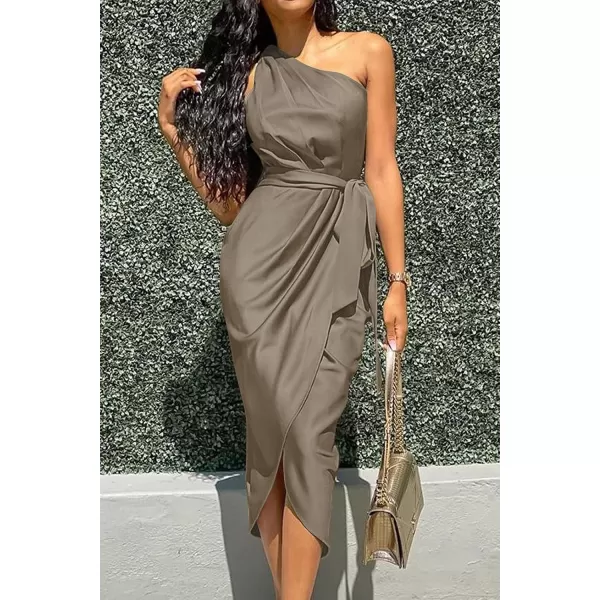 imagePRETTYGARDEN Womens 2023 Summer Ruched Bodycon Dress Sleeveless One Shoulder Wrap Satin Belted Cocktail Midi DressDark Apricot