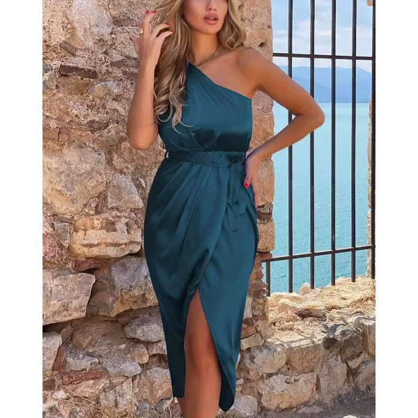 imagePRETTYGARDEN Womens 2023 Summer Ruched Bodycon Dress Sleeveless One Shoulder Wrap Satin Belted Cocktail Midi DressDark Blue