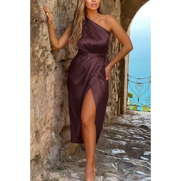 imagePRETTYGARDEN Womens 2023 Summer Ruched Bodycon Dress Sleeveless One Shoulder Wrap Satin Belted Cocktail Midi DressDark Brown Red