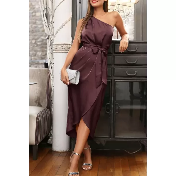 imagePRETTYGARDEN Womens 2023 Summer Ruched Bodycon Dress Sleeveless One Shoulder Wrap Satin Belted Cocktail Midi DressDark Brown Red