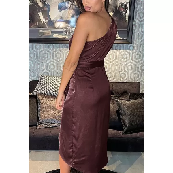 imagePRETTYGARDEN Womens 2023 Summer Ruched Bodycon Dress Sleeveless One Shoulder Wrap Satin Belted Cocktail Midi DressDark Brown Red