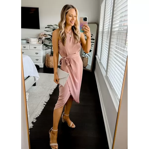 imagePRETTYGARDEN Womens 2023 Summer Ruched Bodycon Dress Sleeveless One Shoulder Wrap Satin Belted Cocktail Midi DressDark Pink