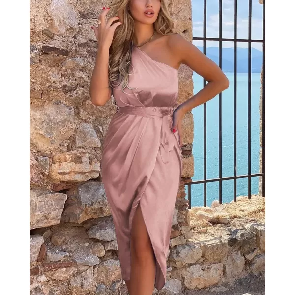 imagePRETTYGARDEN Womens 2023 Summer Ruched Bodycon Dress Sleeveless One Shoulder Wrap Satin Belted Cocktail Midi DressDark Pink