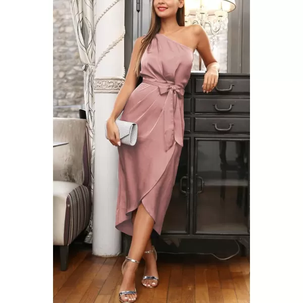 imagePRETTYGARDEN Womens 2023 Summer Ruched Bodycon Dress Sleeveless One Shoulder Wrap Satin Belted Cocktail Midi DressDark Pink
