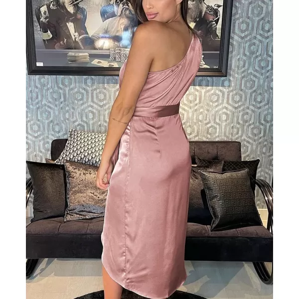 imagePRETTYGARDEN Womens 2023 Summer Ruched Bodycon Dress Sleeveless One Shoulder Wrap Satin Belted Cocktail Midi DressDark Pink