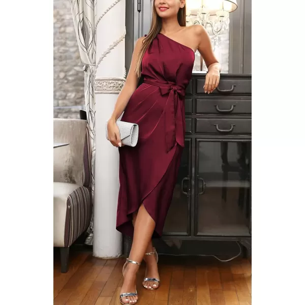 imagePRETTYGARDEN Womens 2023 Summer Ruched Bodycon Dress Sleeveless One Shoulder Wrap Satin Belted Cocktail Midi DressDark Red