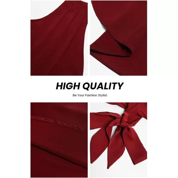 imagePRETTYGARDEN Womens 2023 Summer Ruched Bodycon Dress Sleeveless One Shoulder Wrap Satin Belted Cocktail Midi DressDark Red