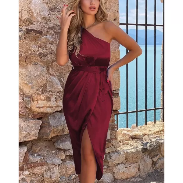 imagePRETTYGARDEN Womens 2023 Summer Ruched Bodycon Dress Sleeveless One Shoulder Wrap Satin Belted Cocktail Midi DressDark Red