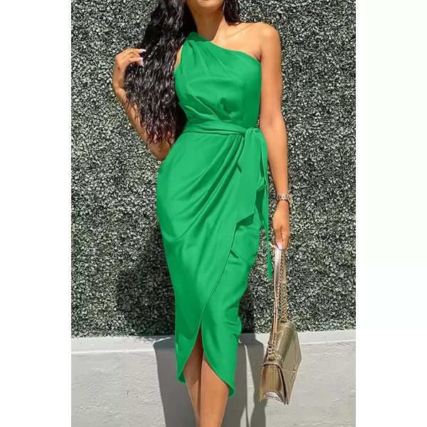 imagePRETTYGARDEN Womens 2023 Summer Ruched Bodycon Dress Sleeveless One Shoulder Wrap Satin Belted Cocktail Midi DressGrass Green