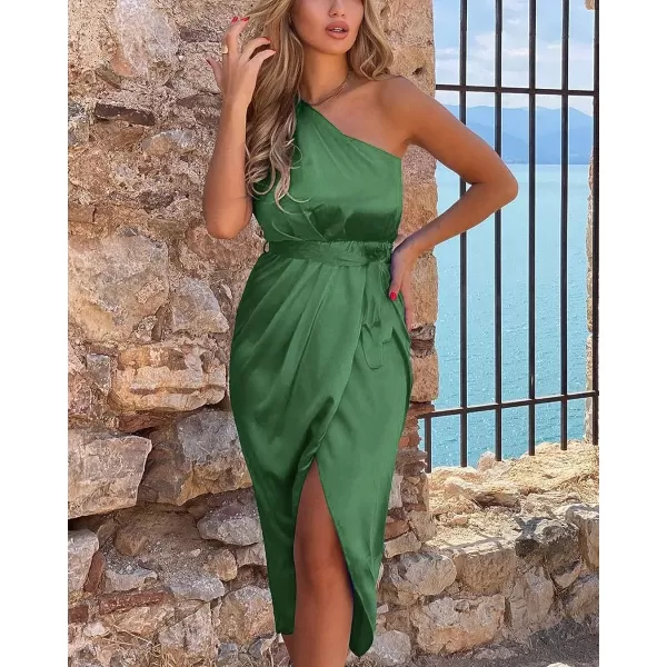 imagePRETTYGARDEN Womens 2023 Summer Ruched Bodycon Dress Sleeveless One Shoulder Wrap Satin Belted Cocktail Midi DressGreen