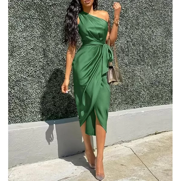 imagePRETTYGARDEN Womens 2023 Summer Ruched Bodycon Dress Sleeveless One Shoulder Wrap Satin Belted Cocktail Midi DressGreen