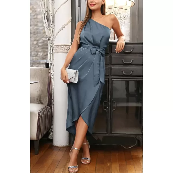 imagePRETTYGARDEN Womens 2023 Summer Ruched Bodycon Dress Sleeveless One Shoulder Wrap Satin Belted Cocktail Midi DressGrey Blue