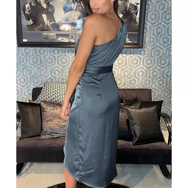 imagePRETTYGARDEN Womens 2023 Summer Ruched Bodycon Dress Sleeveless One Shoulder Wrap Satin Belted Cocktail Midi DressGrey Blue