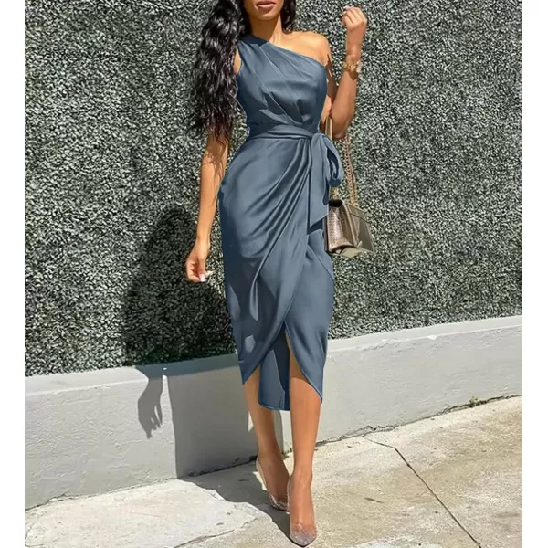 imagePRETTYGARDEN Womens 2023 Summer Ruched Bodycon Dress Sleeveless One Shoulder Wrap Satin Belted Cocktail Midi DressGrey Blue
