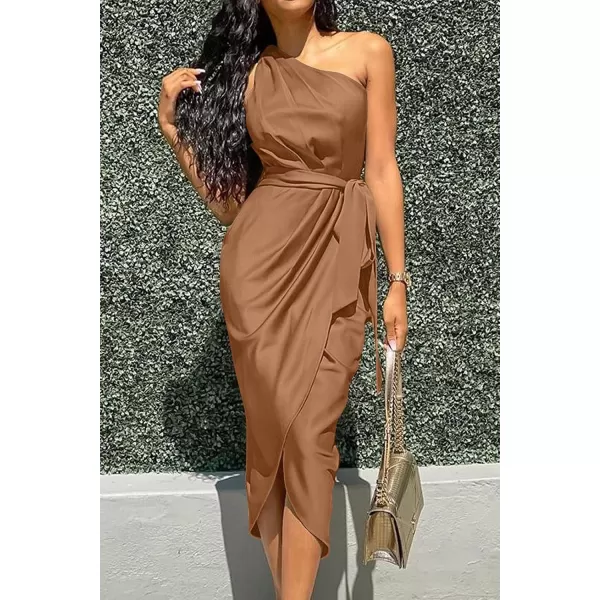 imagePRETTYGARDEN Womens 2023 Summer Ruched Bodycon Dress Sleeveless One Shoulder Wrap Satin Belted Cocktail Midi DressKhaki