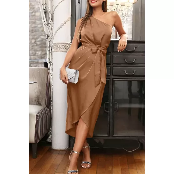 imagePRETTYGARDEN Womens 2023 Summer Ruched Bodycon Dress Sleeveless One Shoulder Wrap Satin Belted Cocktail Midi DressKhaki