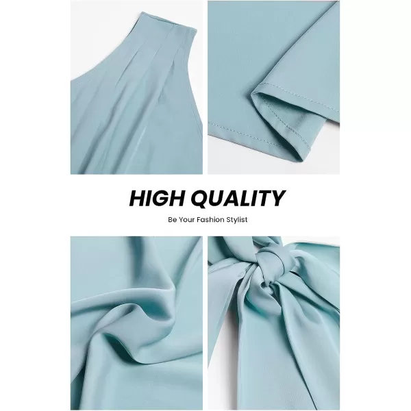 imagePRETTYGARDEN Womens 2023 Summer Ruched Bodycon Dress Sleeveless One Shoulder Wrap Satin Belted Cocktail Midi DressLight Blue