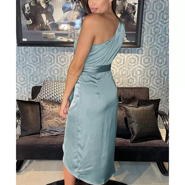 imagePRETTYGARDEN Womens 2023 Summer Ruched Bodycon Dress Sleeveless One Shoulder Wrap Satin Belted Cocktail Midi DressLight Blue