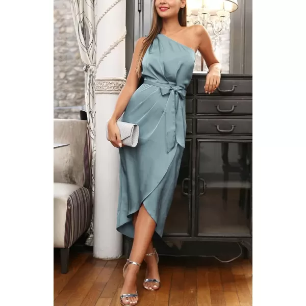 imagePRETTYGARDEN Womens 2023 Summer Ruched Bodycon Dress Sleeveless One Shoulder Wrap Satin Belted Cocktail Midi DressLight Blue