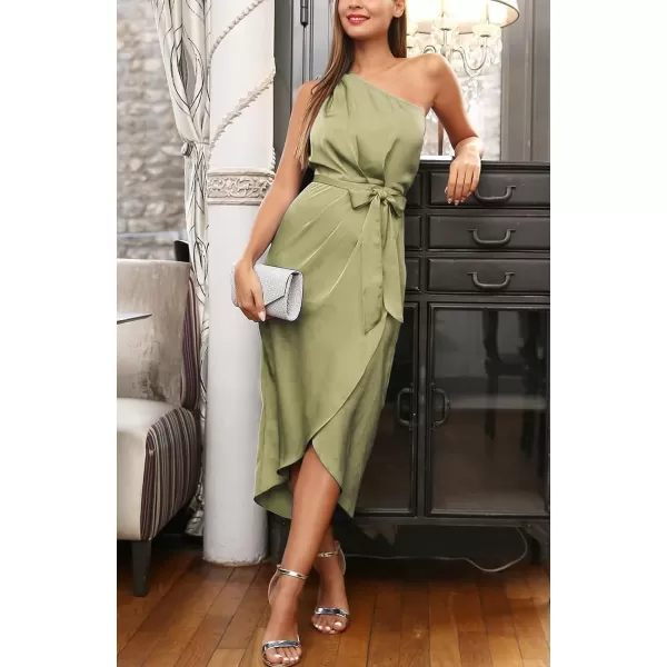 imagePRETTYGARDEN Womens 2023 Summer Ruched Bodycon Dress Sleeveless One Shoulder Wrap Satin Belted Cocktail Midi DressLight Green