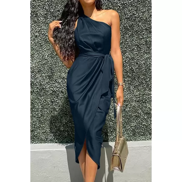 imagePRETTYGARDEN Womens 2023 Summer Ruched Bodycon Dress Sleeveless One Shoulder Wrap Satin Belted Cocktail Midi DressNavy
