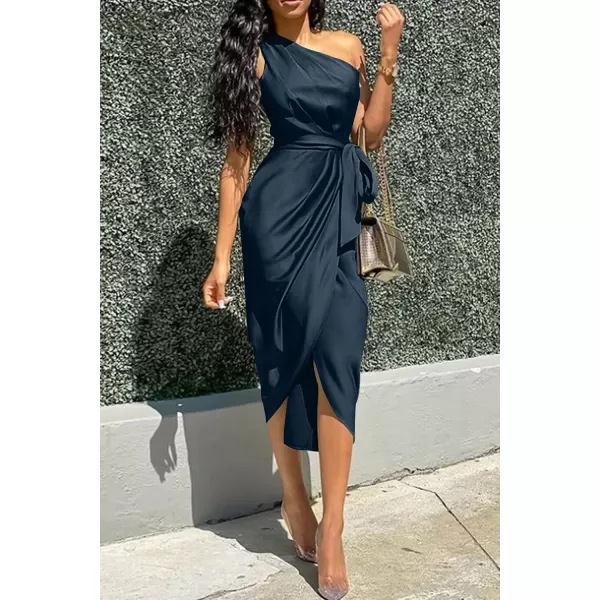 imagePRETTYGARDEN Womens 2023 Summer Ruched Bodycon Dress Sleeveless One Shoulder Wrap Satin Belted Cocktail Midi DressNavy