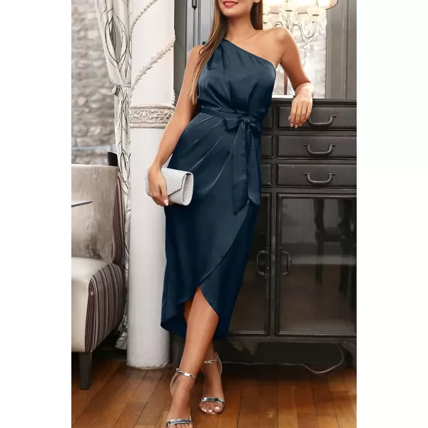 imagePRETTYGARDEN Womens 2023 Summer Ruched Bodycon Dress Sleeveless One Shoulder Wrap Satin Belted Cocktail Midi DressNavy