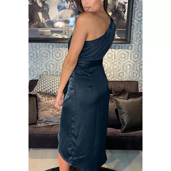 imagePRETTYGARDEN Womens 2023 Summer Ruched Bodycon Dress Sleeveless One Shoulder Wrap Satin Belted Cocktail Midi DressNavy
